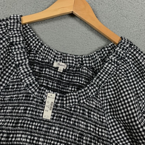 Madewell Mini Dress Size Large Black/White Gingham Smocked U-Neck Linen NWT $119 - Picture 3 of 11